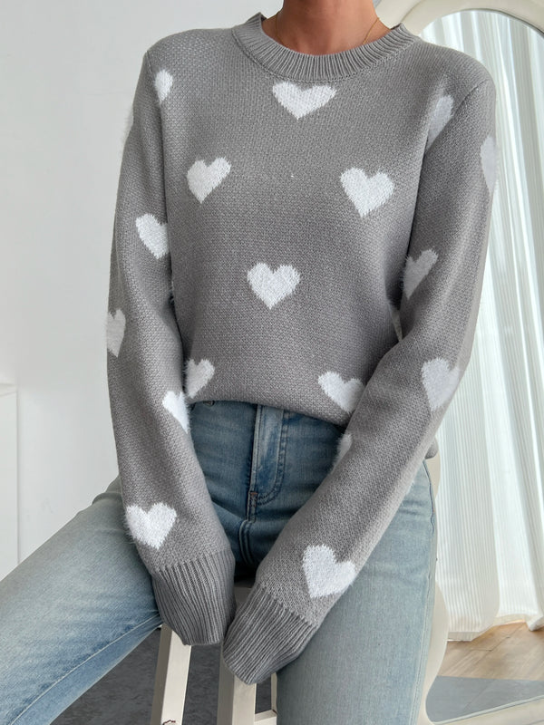 Women's Heart Pattern Crew Neck Sweater